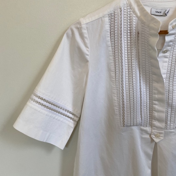 VINCE Lattice Lace Bib Cotton Poplin Shift Dress - Picture 12 of 16